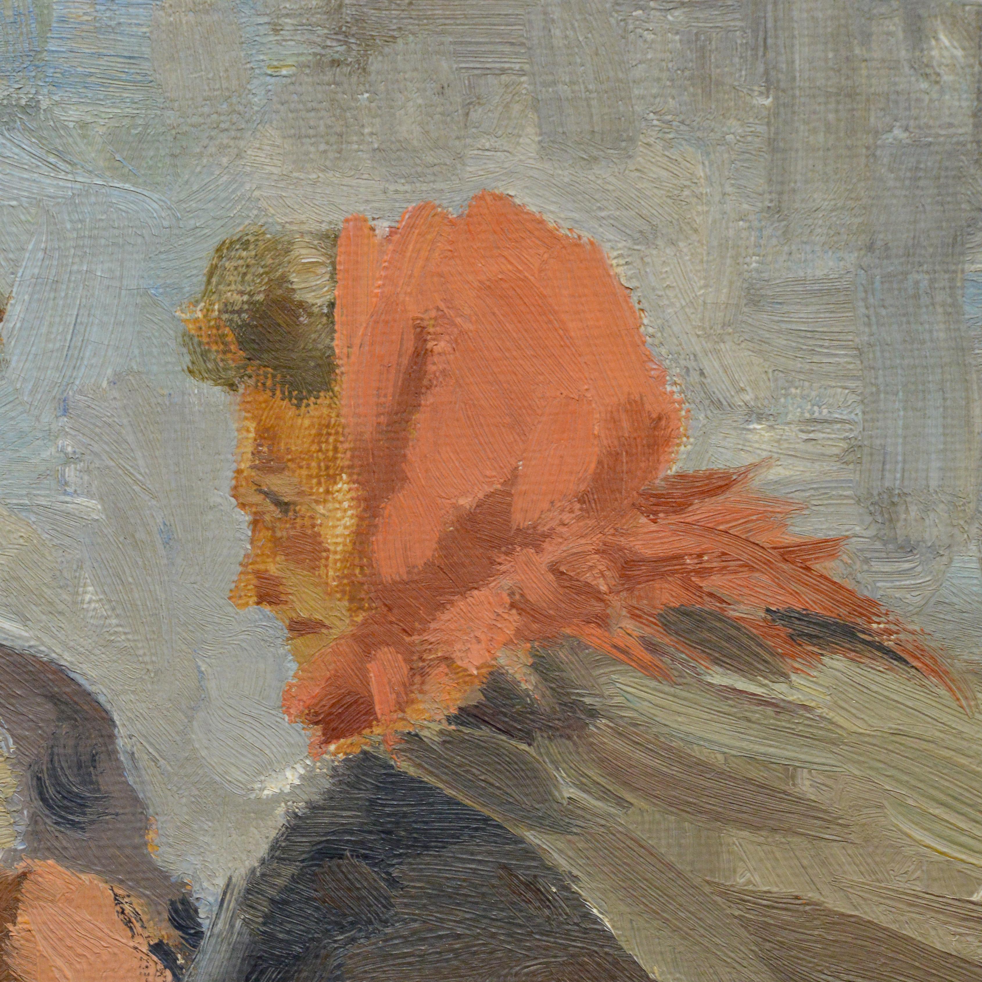 Dieses antike Öl auf Leinwand aus den 1920er Jahren, das dem dänischen Künstler Søren Christian Bjulf (1890 - 1958) zugeschrieben wird, zeigt einen lebhaften Fischmarkt am Gammelstrand in Kopenhagen. Die Szene spielt sich an einem Fischstand ab, wo