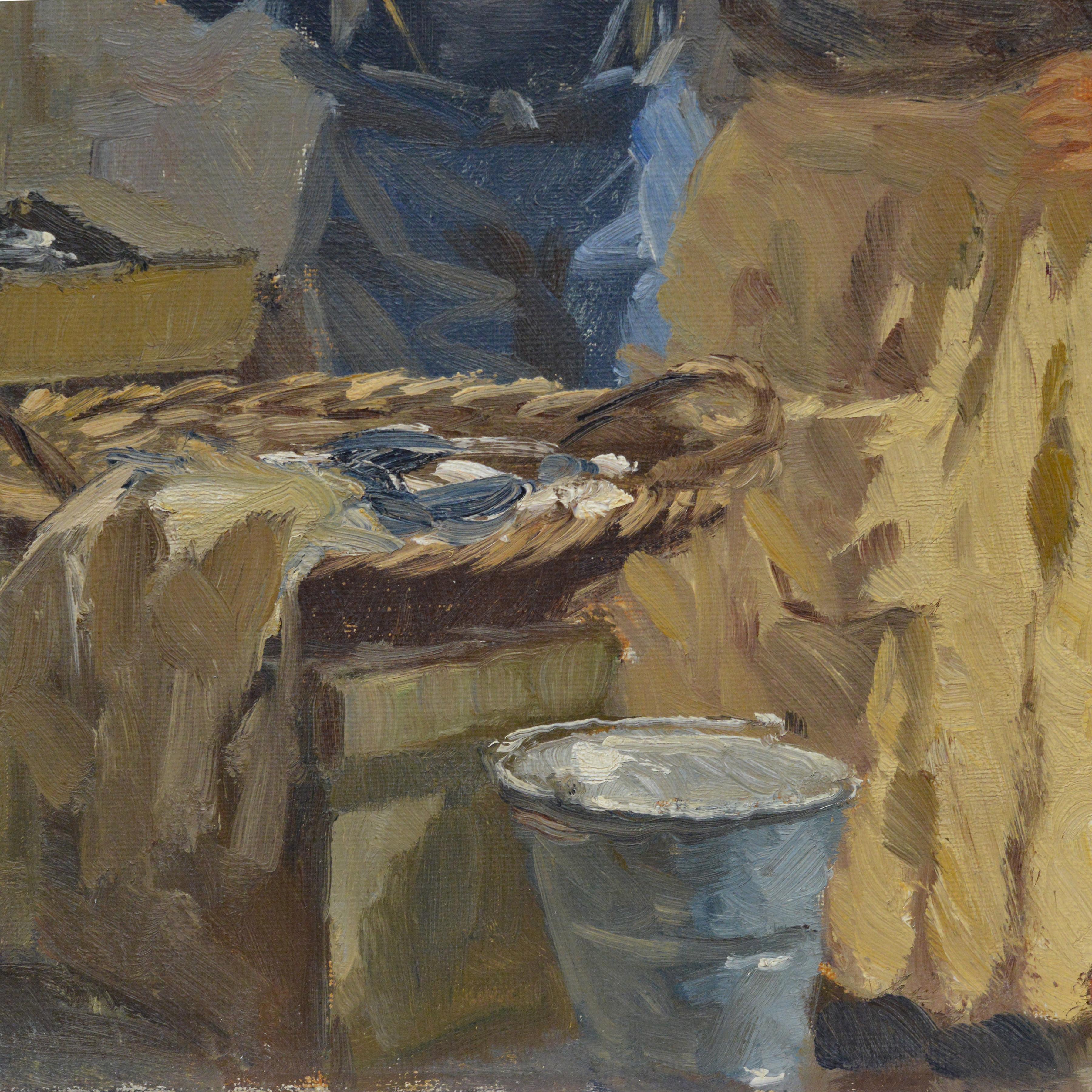 Antike 1920er Jahre dänischen Realist Ölgemälde Fischmarkt Szene Kopenhagen signiert im Angebot 1