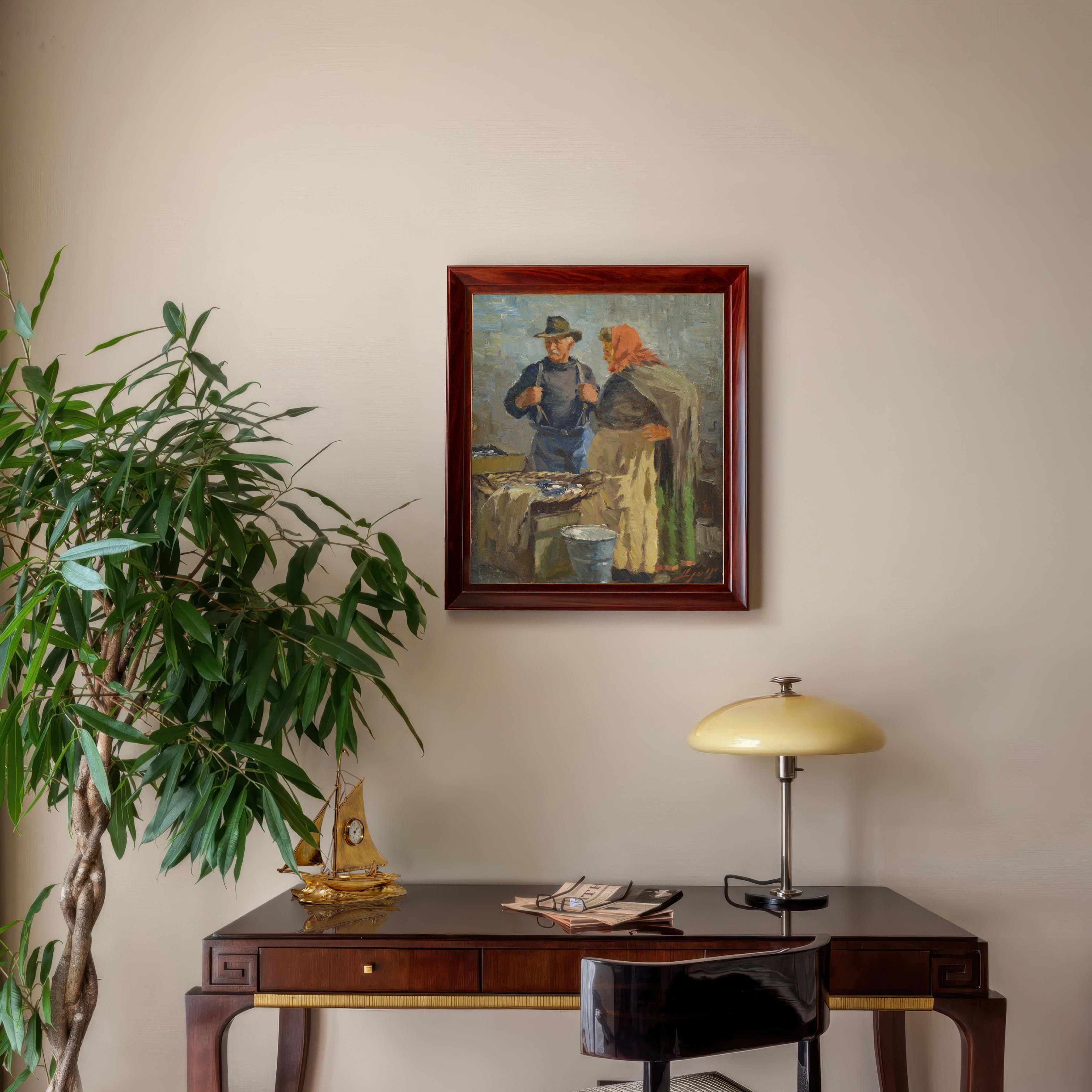 Antike 1920er Jahre dänischen Realist Ölgemälde Fischmarkt Szene Kopenhagen signiert im Angebot 4