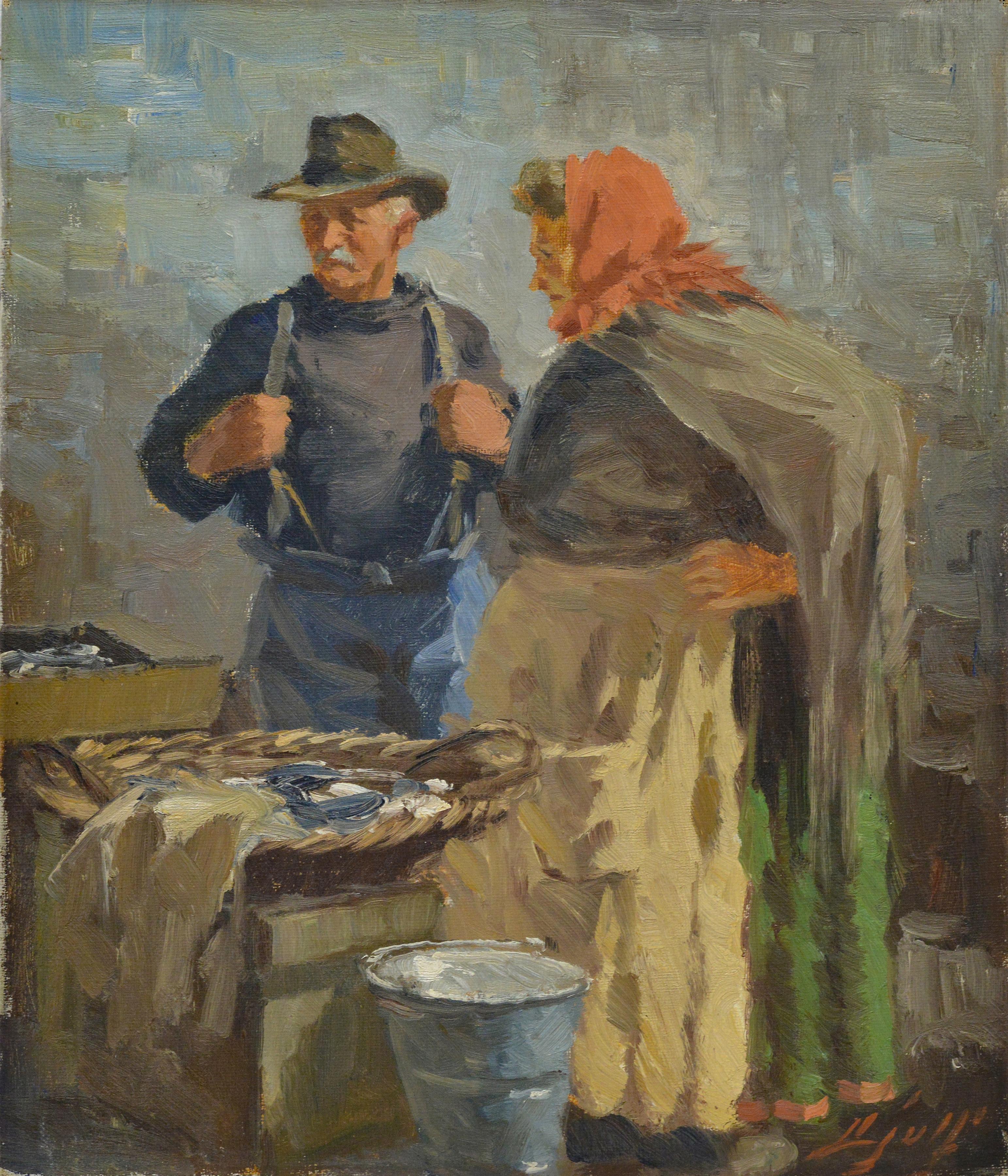 Antike 1920er Jahre dänischen Realist Ölgemälde Fischmarkt Szene Kopenhagen signiert