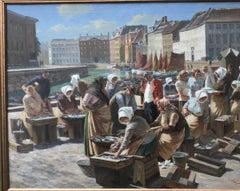 Fish Market In Copenhagen , Signed Bjulf (Soren Christian Bjulf (1890-1958) Dani