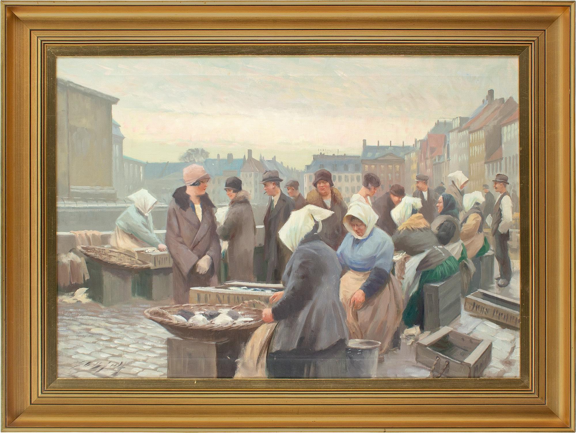 Dieses Ölgemälde des dänischen Künstlers Søren Christian Bjulf (1890-1958) aus dem frühen 20. Jahrhundert zeigt den Fischmarkt in Gammel Strand, Kopenhagen, Dänemark.

Bjulf war wie besessen von dieser Umgebung und schuf Dutzende von Werken, die das