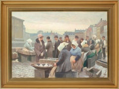 Antique Søren Christian Bjulf, Fish Market At Gammel Strand, Copenhagen, Oil Painting 