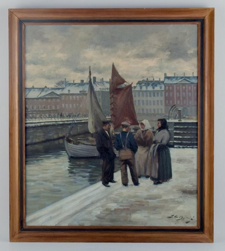 Søren Christian Bjulf (1890-1958), Denmark. 
A dockyard scene with figures. Fishmongers in conversation with fishermen by the dock (Gammel Strand) in Copenhagen.
Oil on canvas.
1930s.
Signed.
In excellent condition.
Dimensions: 54.0 x 63.0 cm.
Total