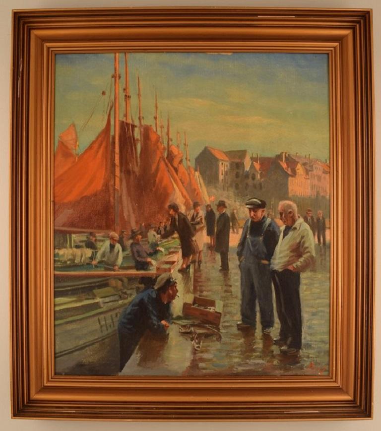 Søren Christian Bjulf (1890-1958), Denmark. Oil on canvas. 
Fishermen and traders on The Old Dock in Copenhagen. Approx. 1920.
The canvas measures: 54 x 46 cm.
The frame measures: 6 cm.
In excellent condition.
Signed.