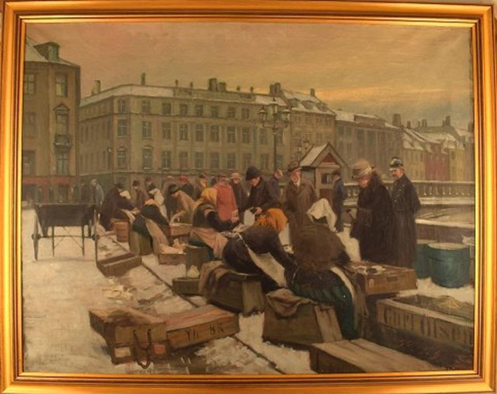 Søren Christian Bjulf (1890-1958). Oil on canvas. Winter atmosphere at old dock. Fish wives, police officer and postman, circa 1920.
In very good condition.
Signed.
The canvas measures: 93 x 72 cm.
The frame measures: 6 cm.