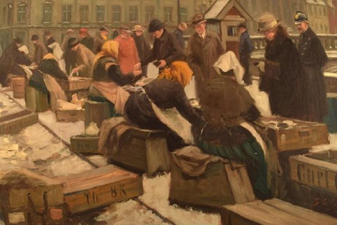Søren Christian Bjulf (1890-1958), Oil on Canvas, Winter Atmosphere at Old Dock In Good Condition In Copenhagen, DK