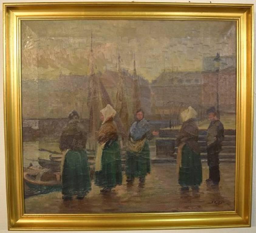 Søren Christian Bjulf. Fishwives at the Old Dock, Copenhagen.
Fishwives at Old Dock are waiting for today's catch, by Søren Christian Bjulf (1890-1958)
Oil on canvas.
Signed Bjulf.
Measures: 50 x 55 cm (57 x 63 cm).
In very good condition.
