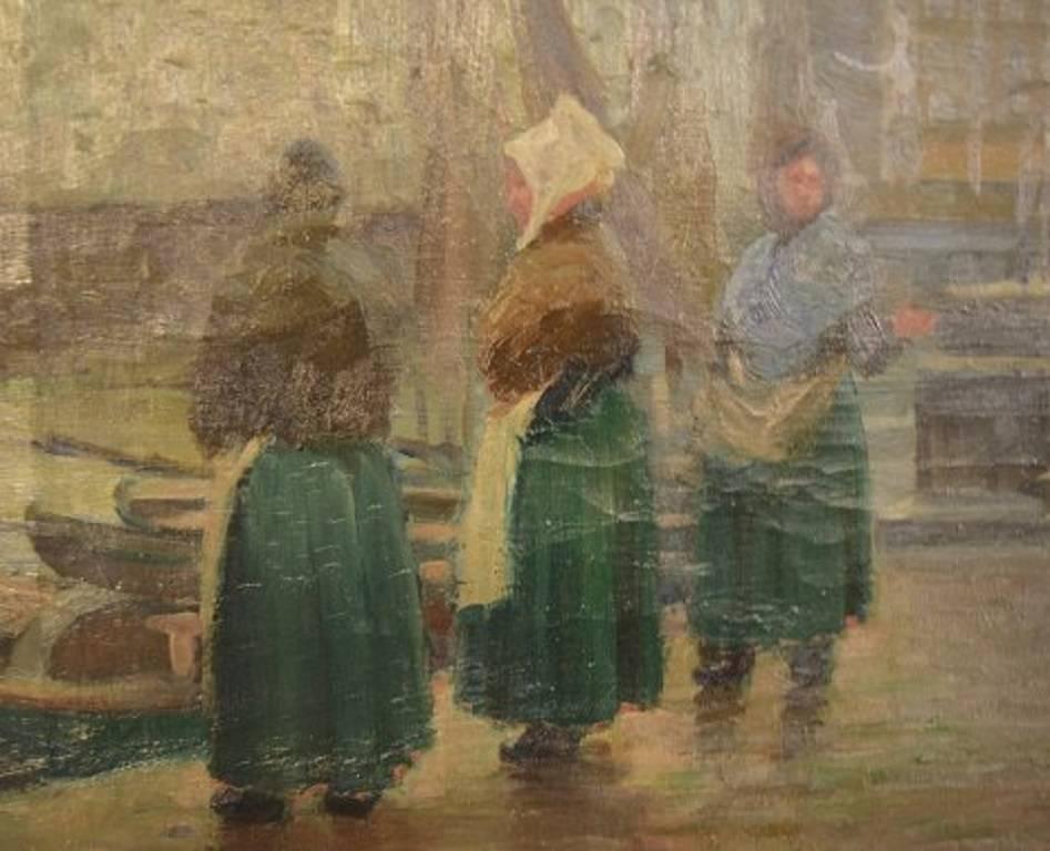 Danish Søren Christian Bjulf, Fishwives at the Old Dock, Copenhagen, Oil on Canvas For Sale