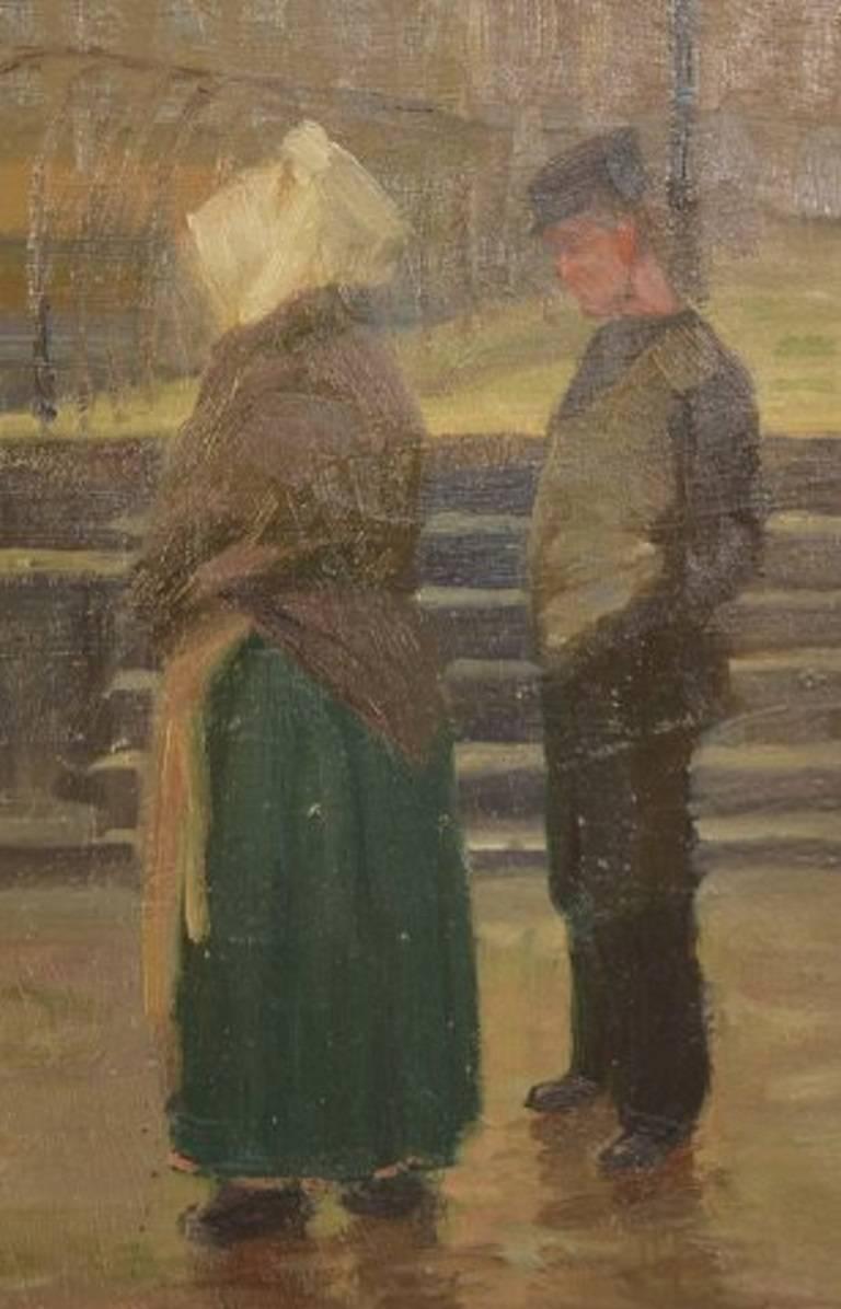 Mid-20th Century Søren Christian Bjulf, Fishwives at the Old Dock, Copenhagen, Oil on Canvas For Sale