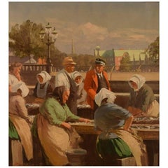 Søren Christian Bjulf, Fishwives at the Old Dock, Copenhagen, Oil on Canvas