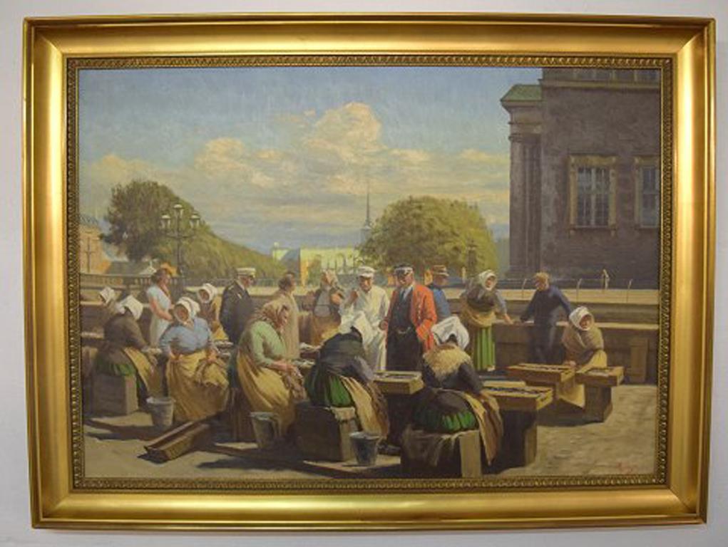 Søren Christian Bjulf (1890-1958). Oil on canvas. Fishwives at the Old Dock selling the day's catch. Beautiful summer atmosphere in Copenhagen.
Signed Bjulf.
The canvas measures: 100 x 70 cm. The frame measures: 8 cm.
In very good condition.