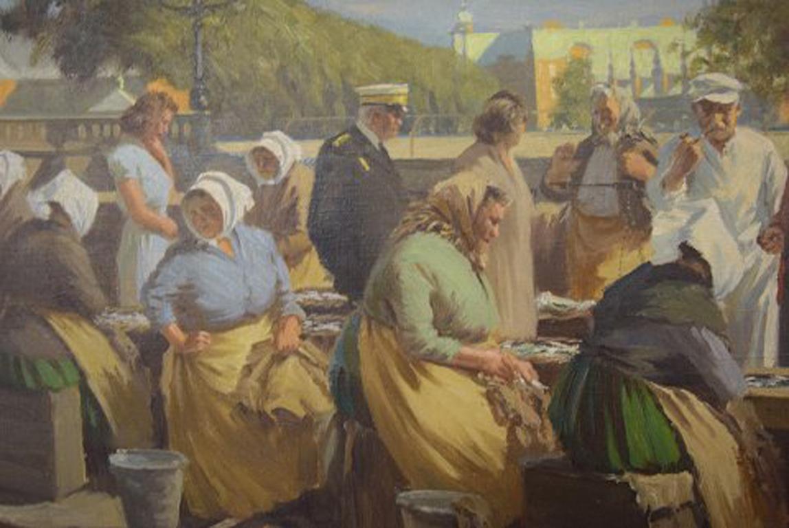 Søren Christian Bjulf, Oil on Canvas, Fishwives at the Old Dock In Good Condition In Copenhagen, DK