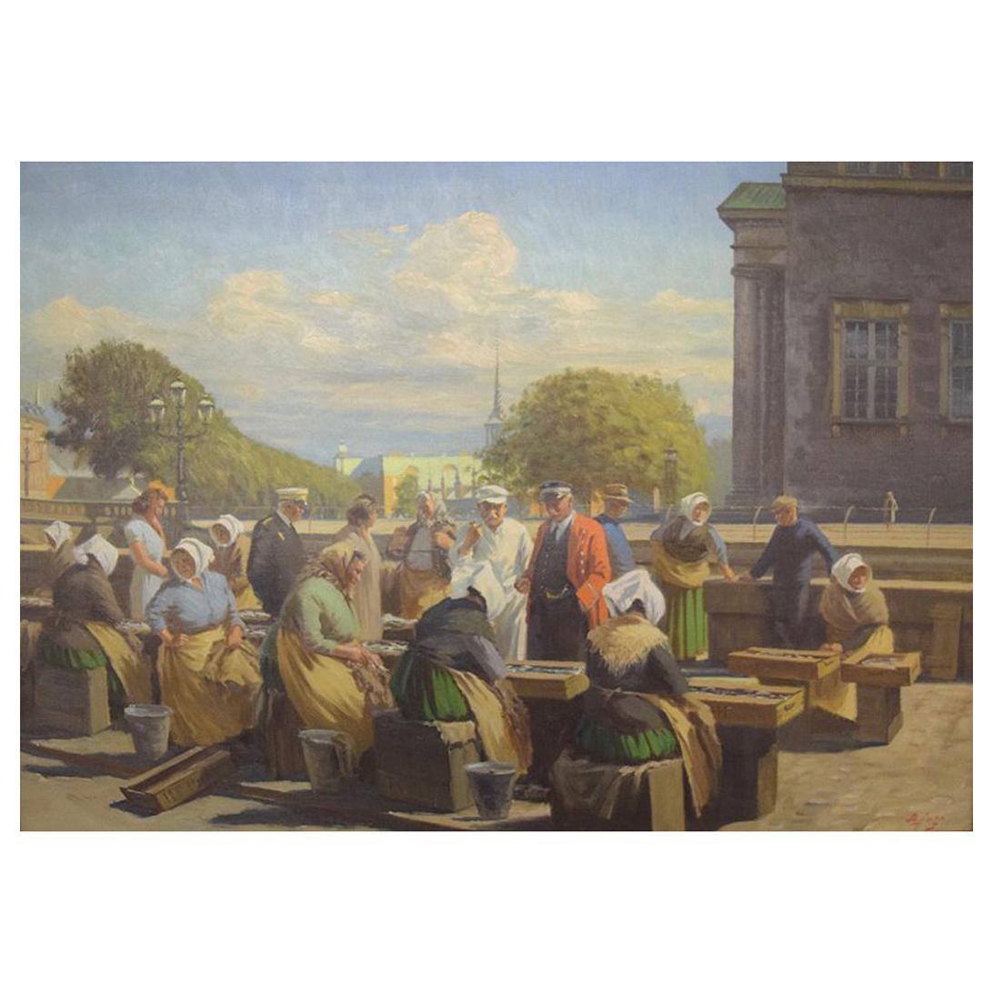 Søren Christian Bjulf, Oil on Canvas, Fishwives at the Old Dock