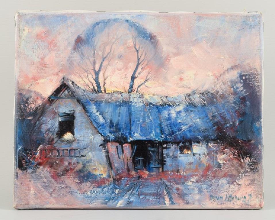 Søren Edsberg (b. 1945), Denmark.
Oil on canvas.
1971.
Farm at sunset on a cold winter's day.
The canvas measures: 24 x 30 cm.
Signed.
In excellent condition.