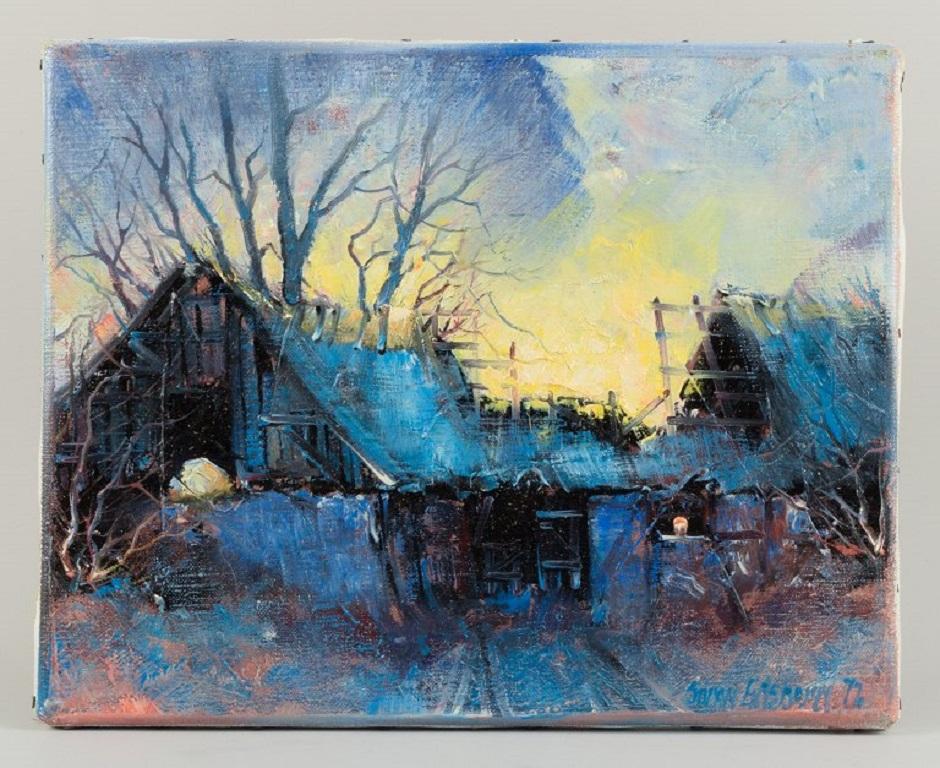 Søren Edsberg (b. 1945), Denmark. Oil on canvas.
Farm at sunset on a cold winter's day.
The canvas measures: 24 x 30 cm.
Signed.
In excellent condition.