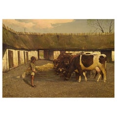 Søren Edsberg (B. 1945) Denmark, Oil on Canvas, Farm Landscape with Boy and Cows