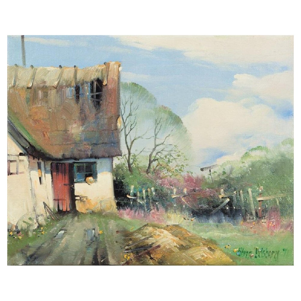 Søren Edsberg (geb. 1945), Dänemark. Öl auf Leinwand. Sommerlandschaft mit einem Bauernhof.