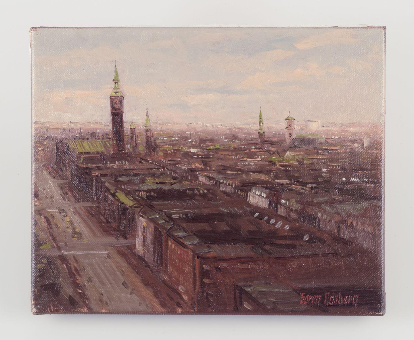 PRE-OWNED GOODS ARE EXEMPT FROM IMPORT TARIFFS FOR U.S., UK, AUSTRALIAN & CANADIAN CUSTOMERS.   
THEREFORE, NO IMPORT TARIFFS WILL BE APPLICABLE TO YOUR PURCHASE. 

Søren Edsberg, Danish artist. 
Oil on canvas.
Cityscape of Copenhagen seen from