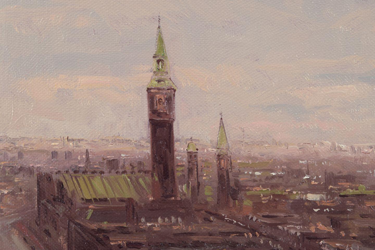 Late 20th Century Søren Edsberg, Danish artist.  Oil on canvas. Cityscape of Copenhagen, ca. 1970 For Sale
