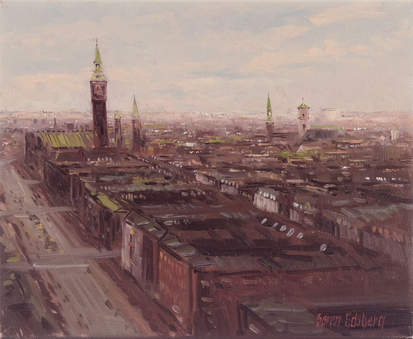 Søren Edsberg, Danish artist.  Oil on canvas. Cityscape of Copenhagen, ca. 1970 For Sale