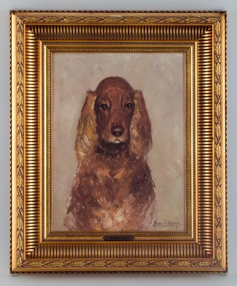 Søren Edsberg, Danish artist.
Portriat of a dog. Cocker spaniel.
Oil on canvas.
Approx. 1980s.
Signed.
Perfect condition.
Dimensions: W 28.5 cm x 38.5 cm.
Total dimensions: W 47 cm. x H 57 cm.