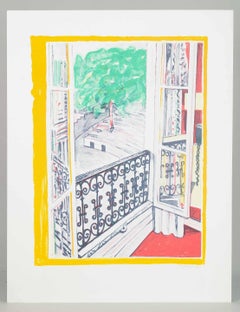 Søren Elgaard. Color lithograph on paper. Interior view with balcony door.
