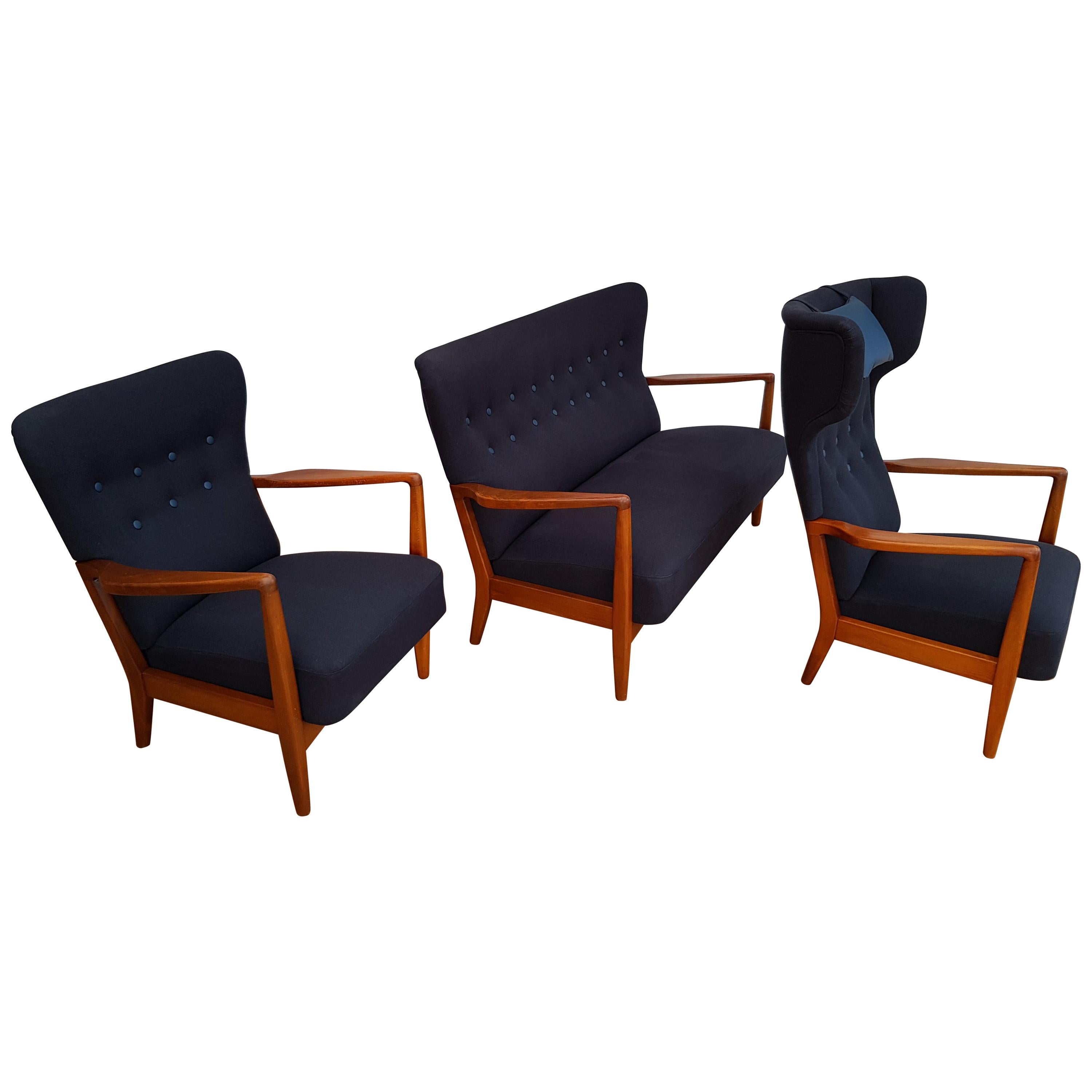 Søren Hansen for Fritz Hansen, Danish Designed Sofa Set, 1950s, Reupholtered