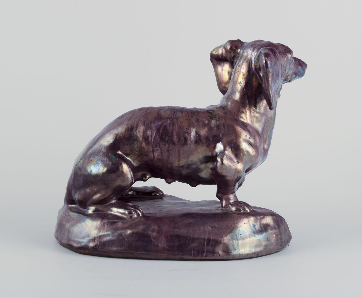 Glazed Søren Kongstrand (1872-1951), Danish ceramicist. Large sculpture of a dachshund. For Sale