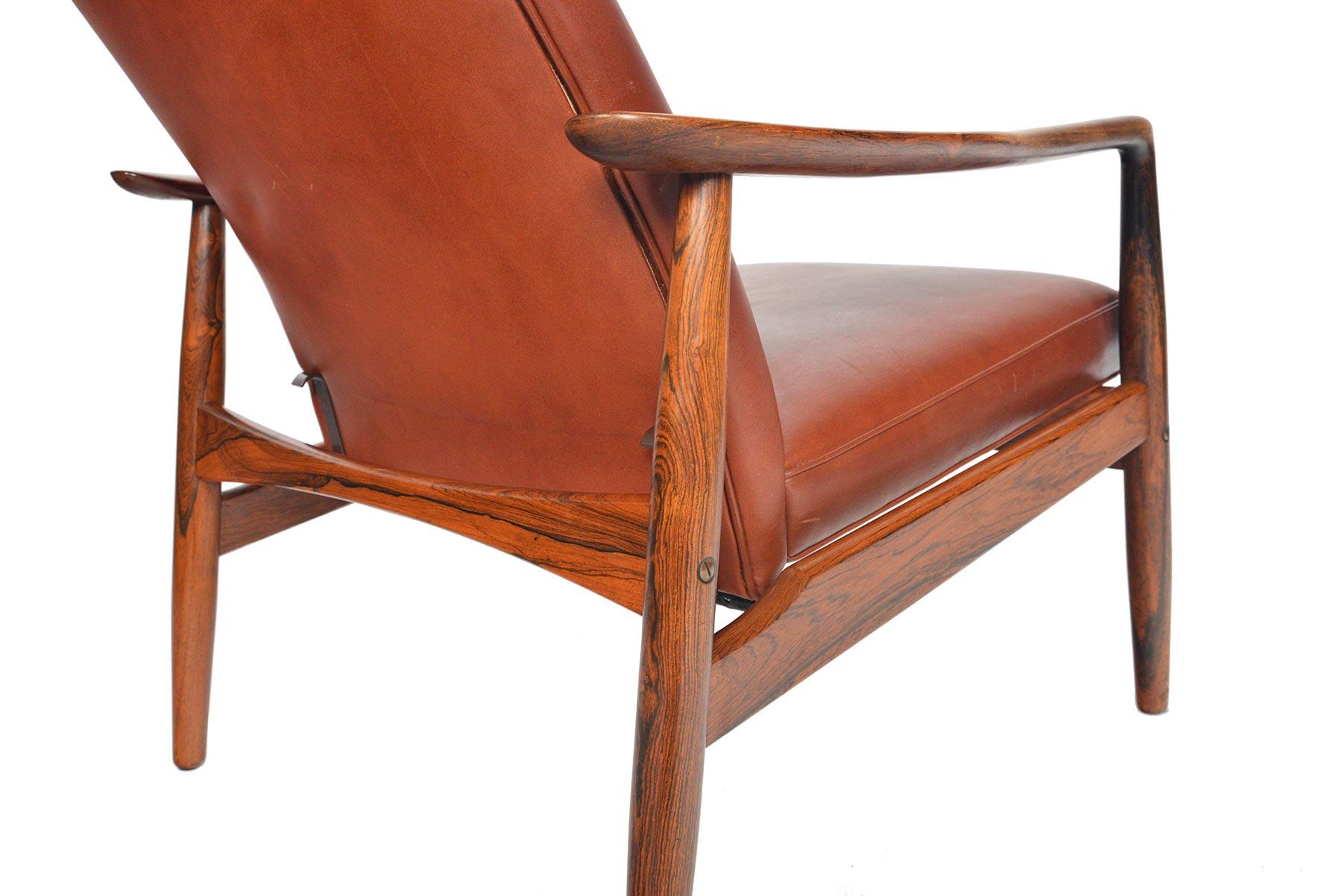 Danish Søren Ladefoged Model 72 Rosewood and Leather Reclining Lounge Chair and Ottoman