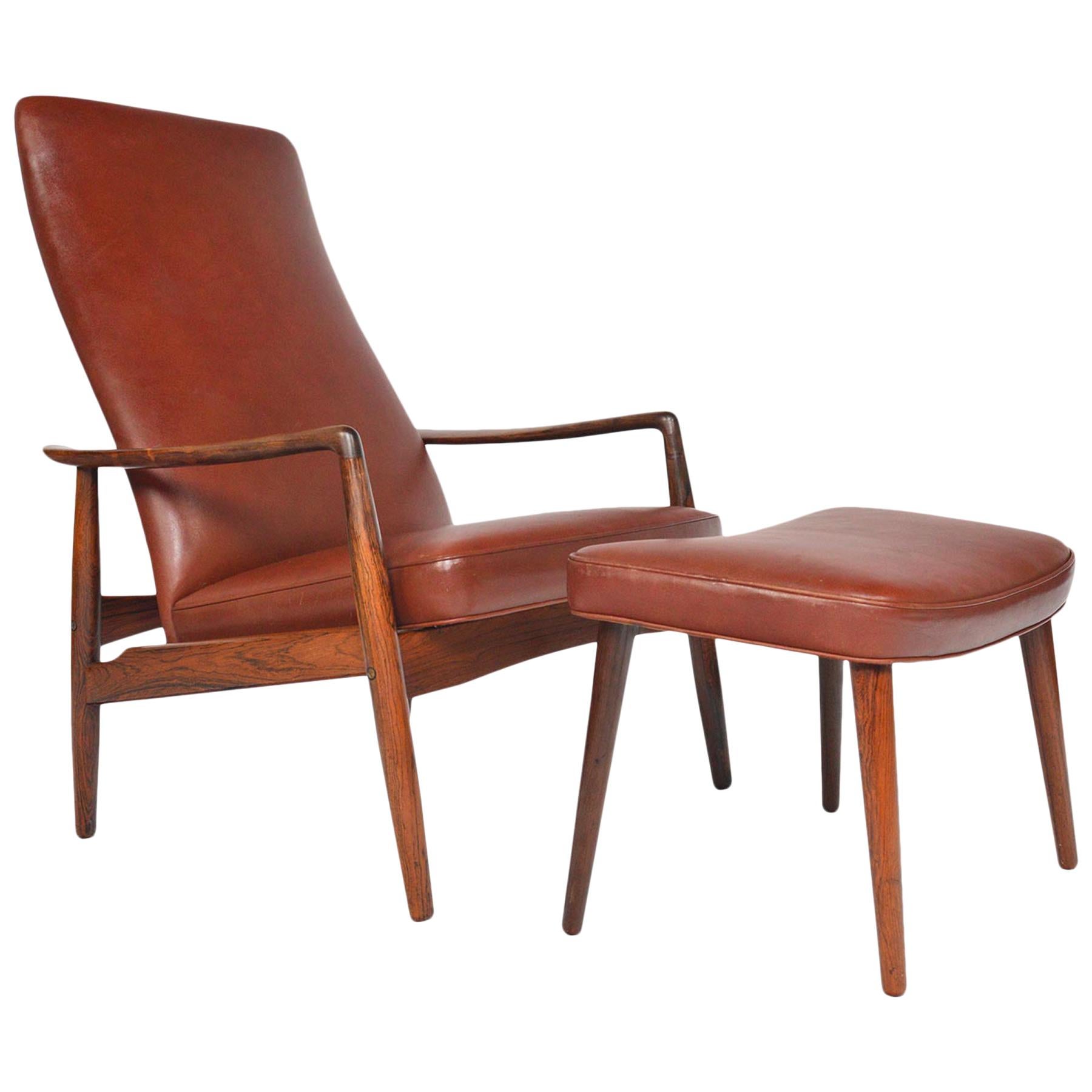 Søren Ladefoged Model 72 Rosewood and Leather Reclining Lounge Chair and Ottoman