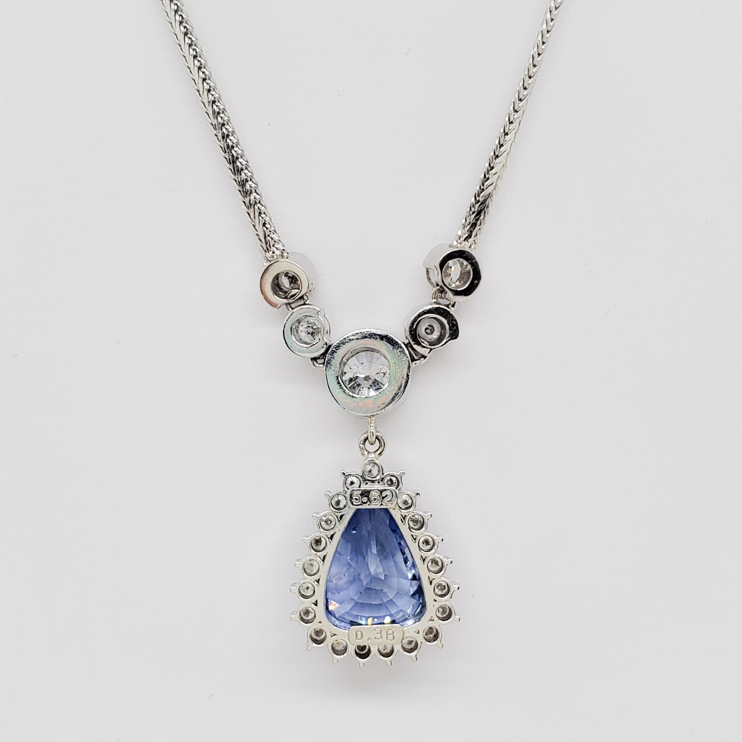Pear Cut Sri Lanka Blue Sapphire pear Shape and White Diamond Pendant Necklace