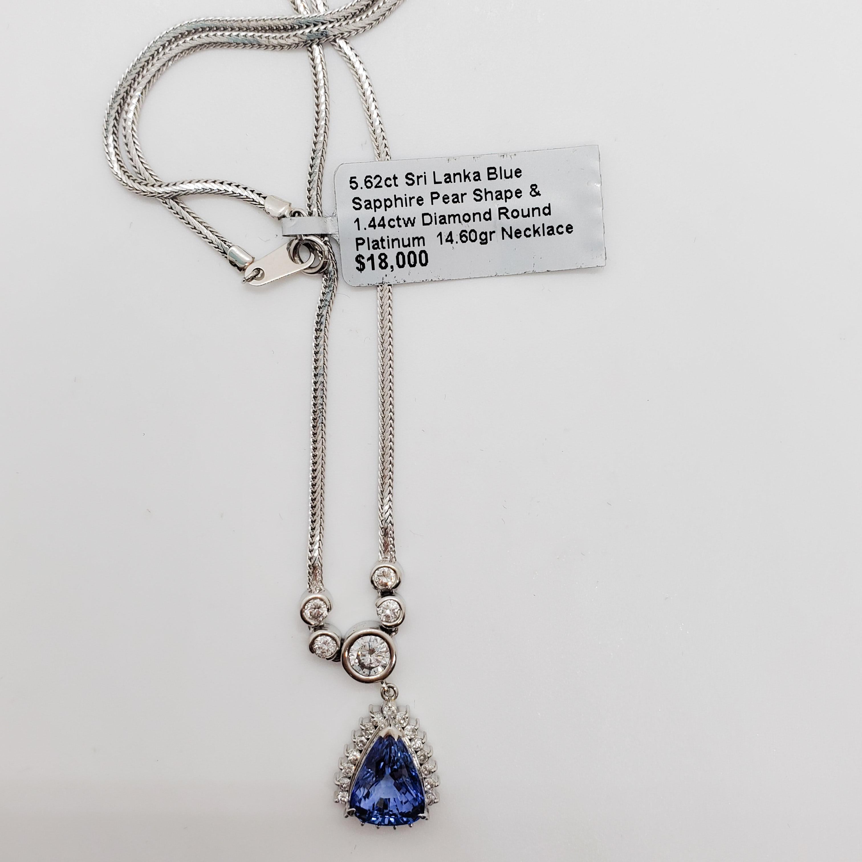 Sri Lanka Blue Sapphire pear Shape and White Diamond Pendant Necklace In New Condition In Los Angeles, CA