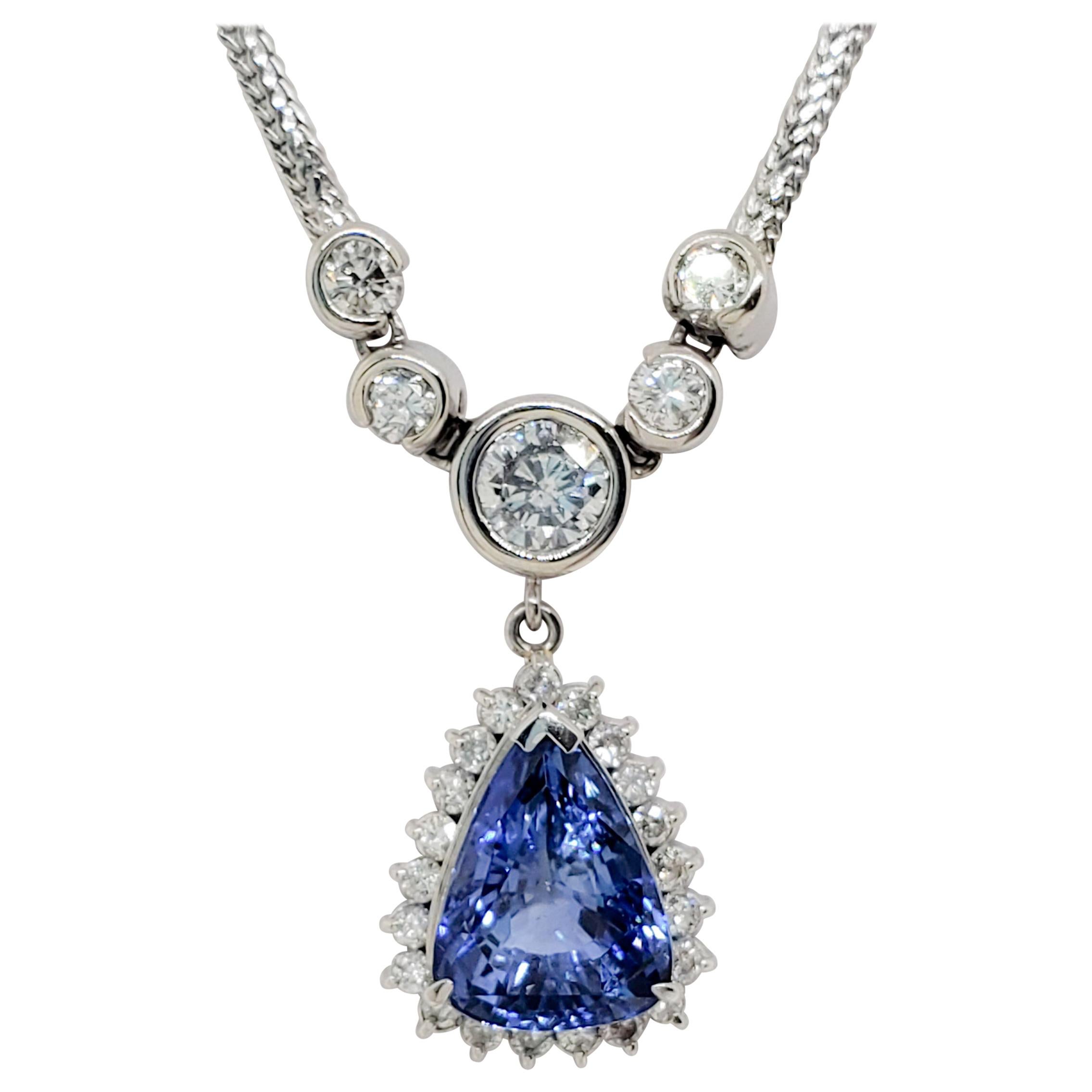 Sri Lanka Blue Sapphire pear Shape and White Diamond Pendant Necklace