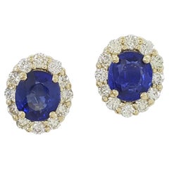 Sri Lanka Vivid Blue Ceylon Sapphire Diamond Earrings Yellow Gold 