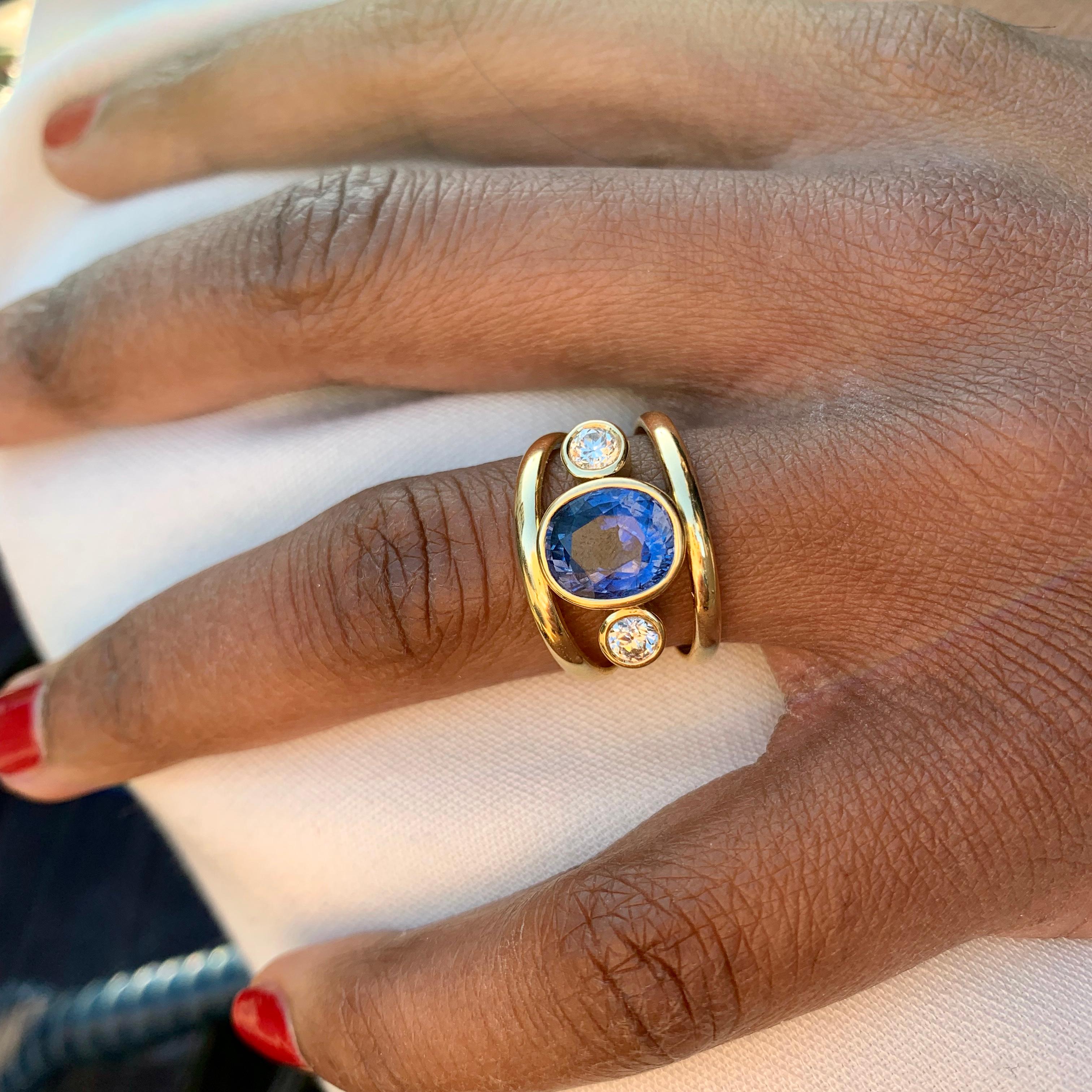 Sri Lankan Sapphire and White Diamond 3-Stone Ring 1