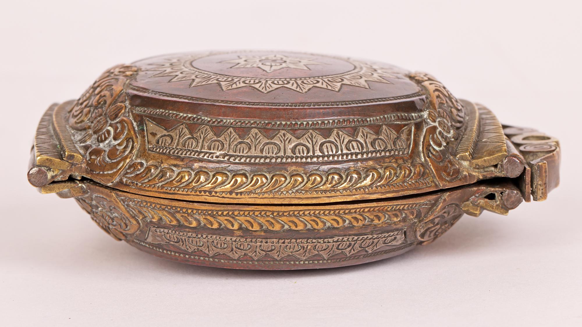 Sri Lankan Silver Inlay Copper and Brass Betel Lime Box For Sale at 1stDibs