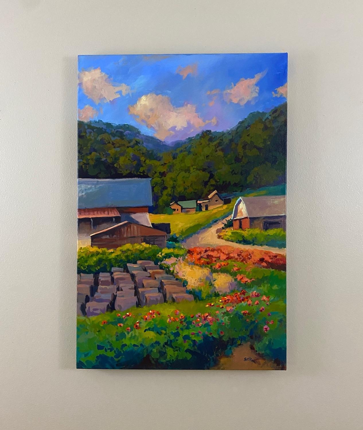 <p>Artist Comments<br>Artist Sri Rao depicts a secluded farm away from the busy streets. A gravel road winds through the lush bushes and quaint farmhouses, guiding the viewer's eye to a tranquil forest teeming with trees. The composition conveys the