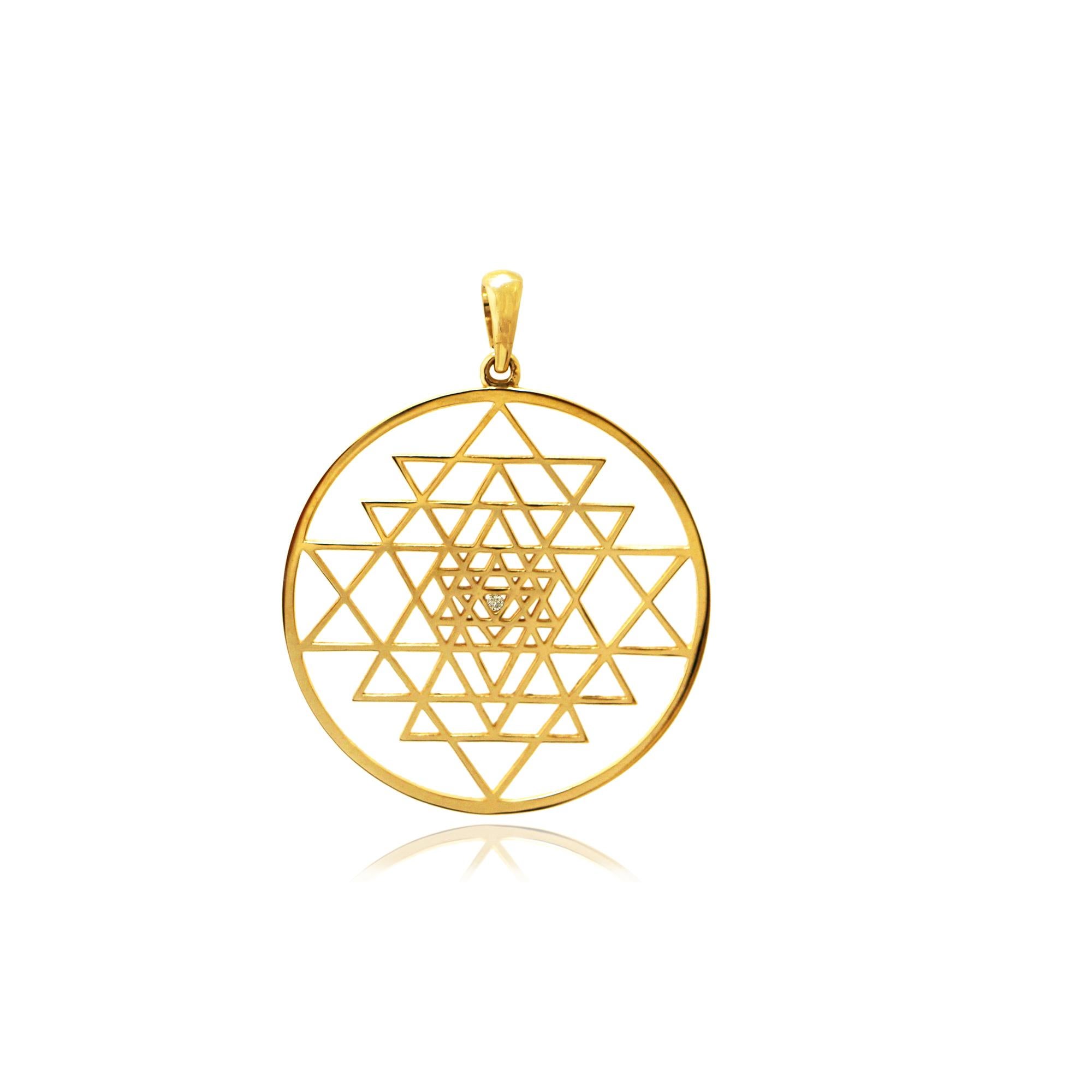 Pendant Necklace with Sri Yantra and a diamond center- Sacred Geometry Mandala, handcrafted in 18Kt solid Yellow Gold. Sri Yantra is the ''Mother'' of Yantras because all other yantras derive from it. It represents divine and the creative forces of