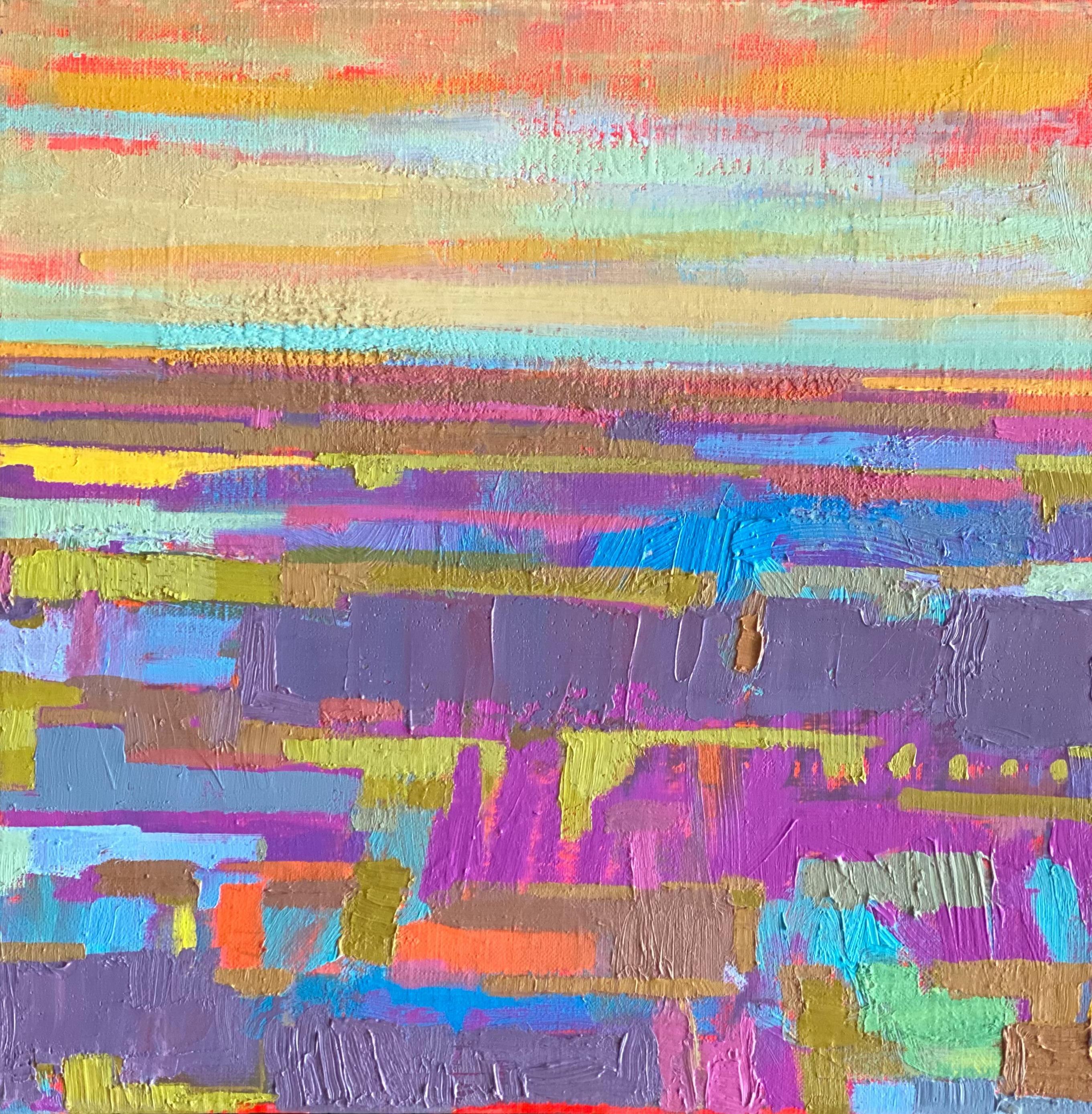 Abstract Painting di Srinivas Kathoju - Campi viola e orizzonte 1, Pittura a olio astratta