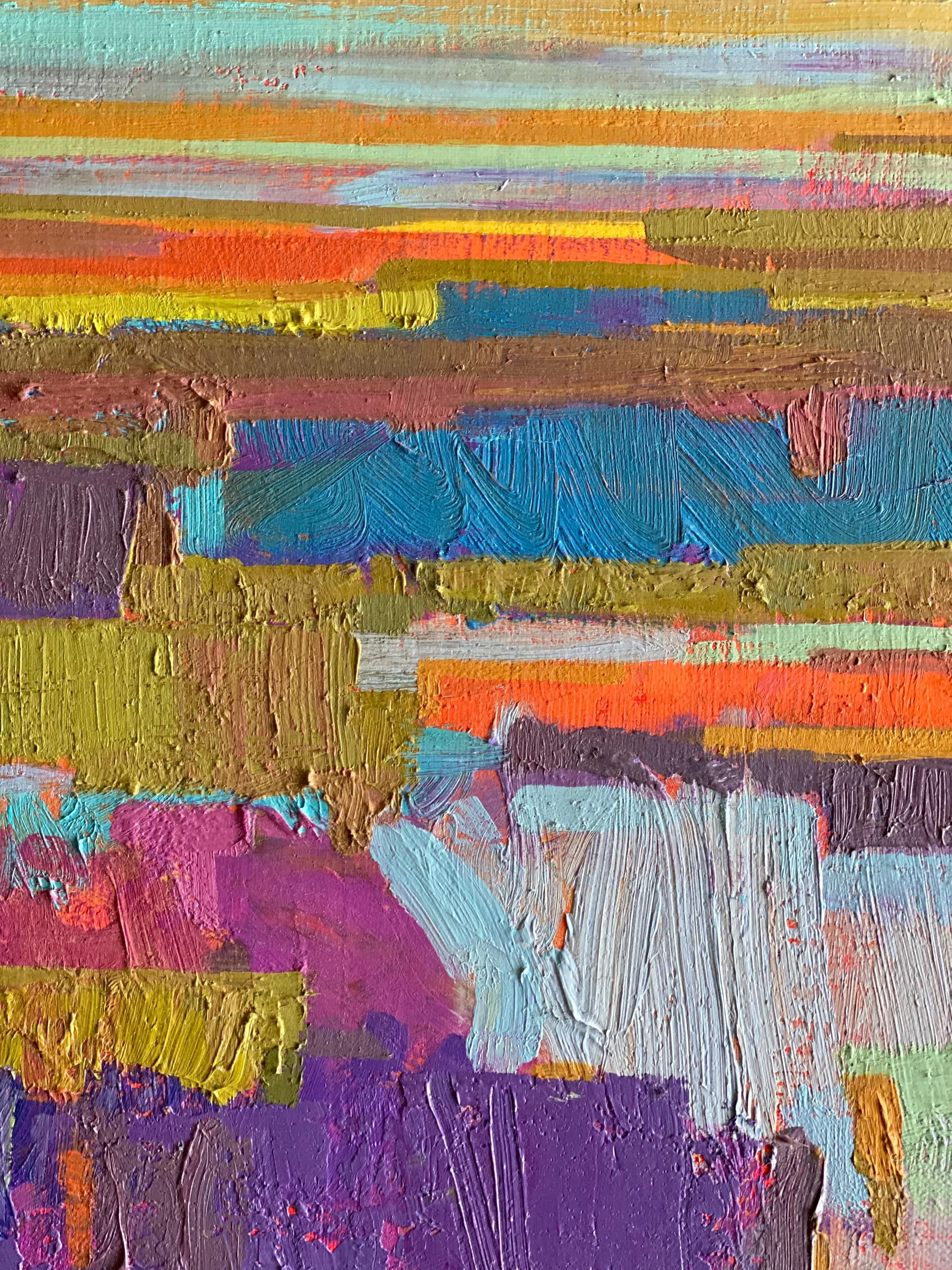 Campi viola e orizzonte 2, Pittura a olio astratta - Abstract Painting Marrone di Srinivas Kathoju