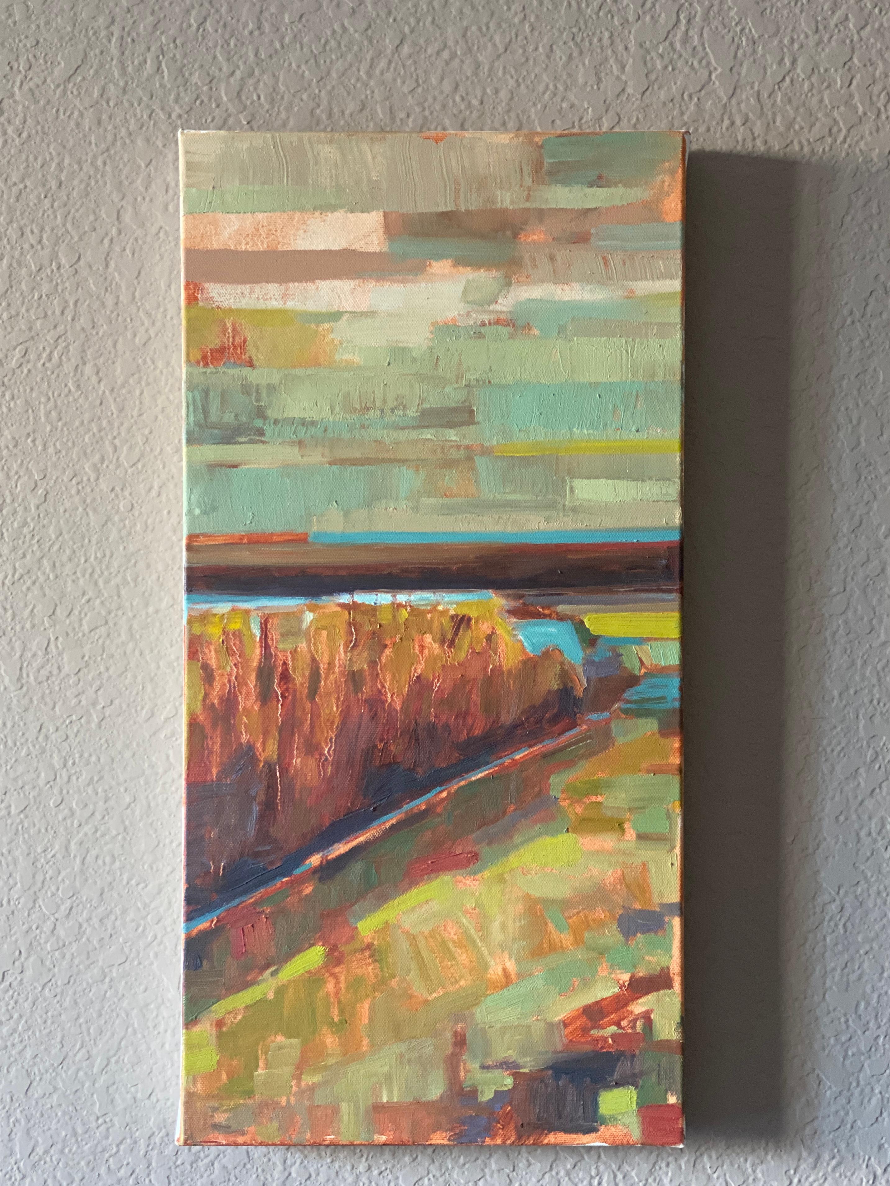 Pittura ad olio astratta, rustica, in riva al lago - Painting Astratto di Srinivas Kathoju
