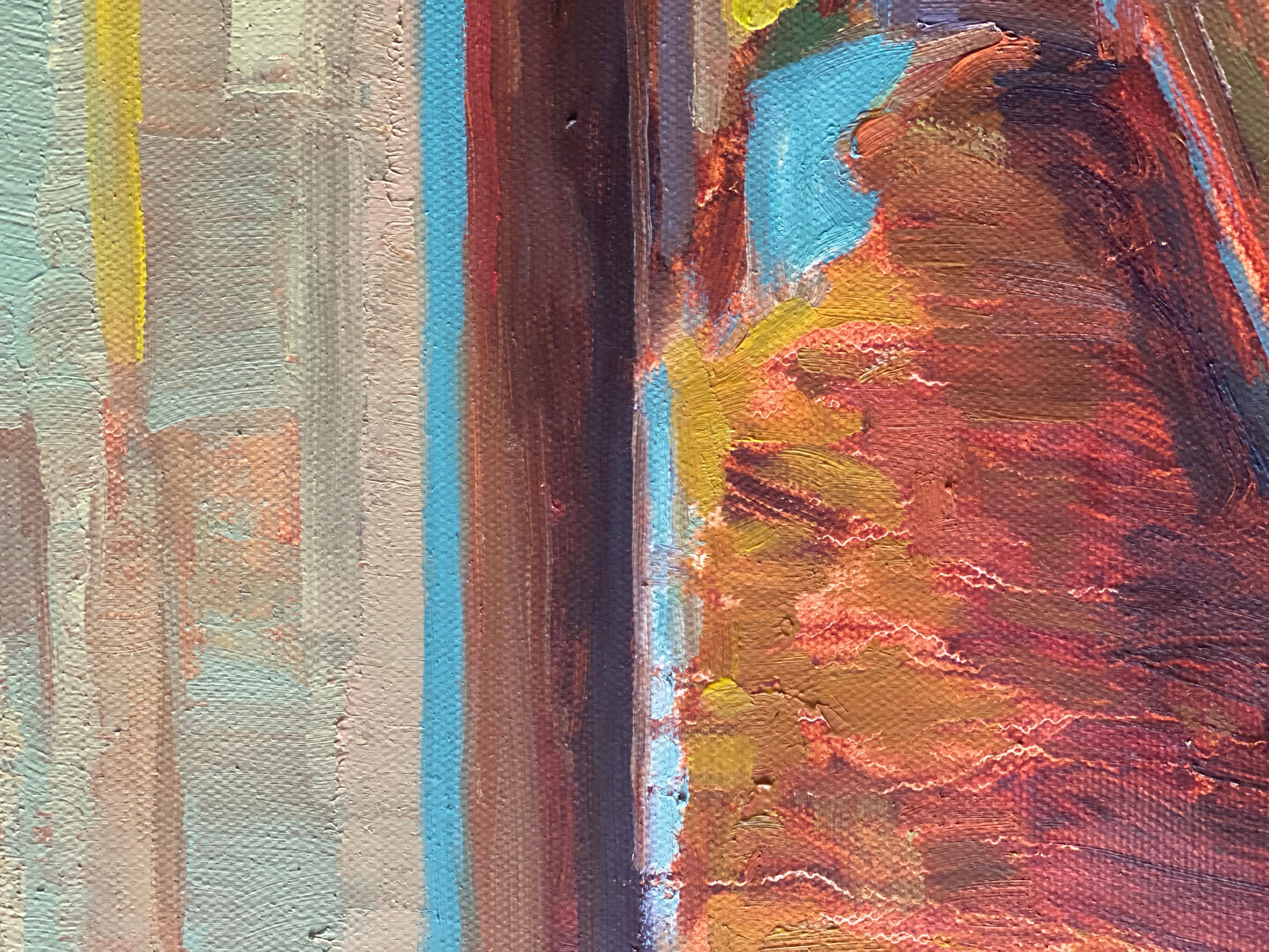 Pittura ad olio astratta, rustica, in riva al lago - Landscape Painting Nero di Srinivas Kathoju