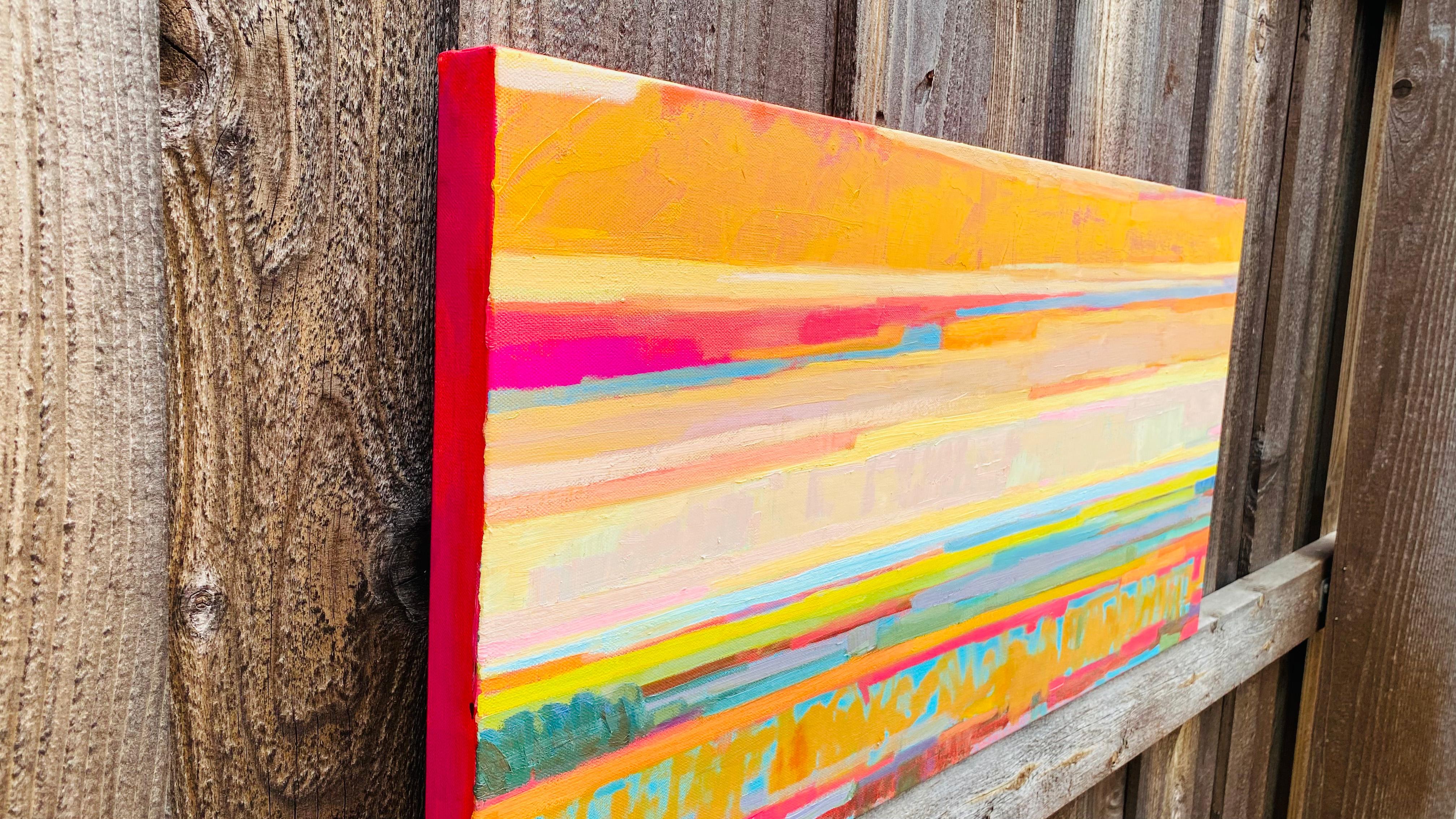 Campi verdi e nuvole rosa -1, pittura a olio astratta - Painting di Srinivas Kathoju