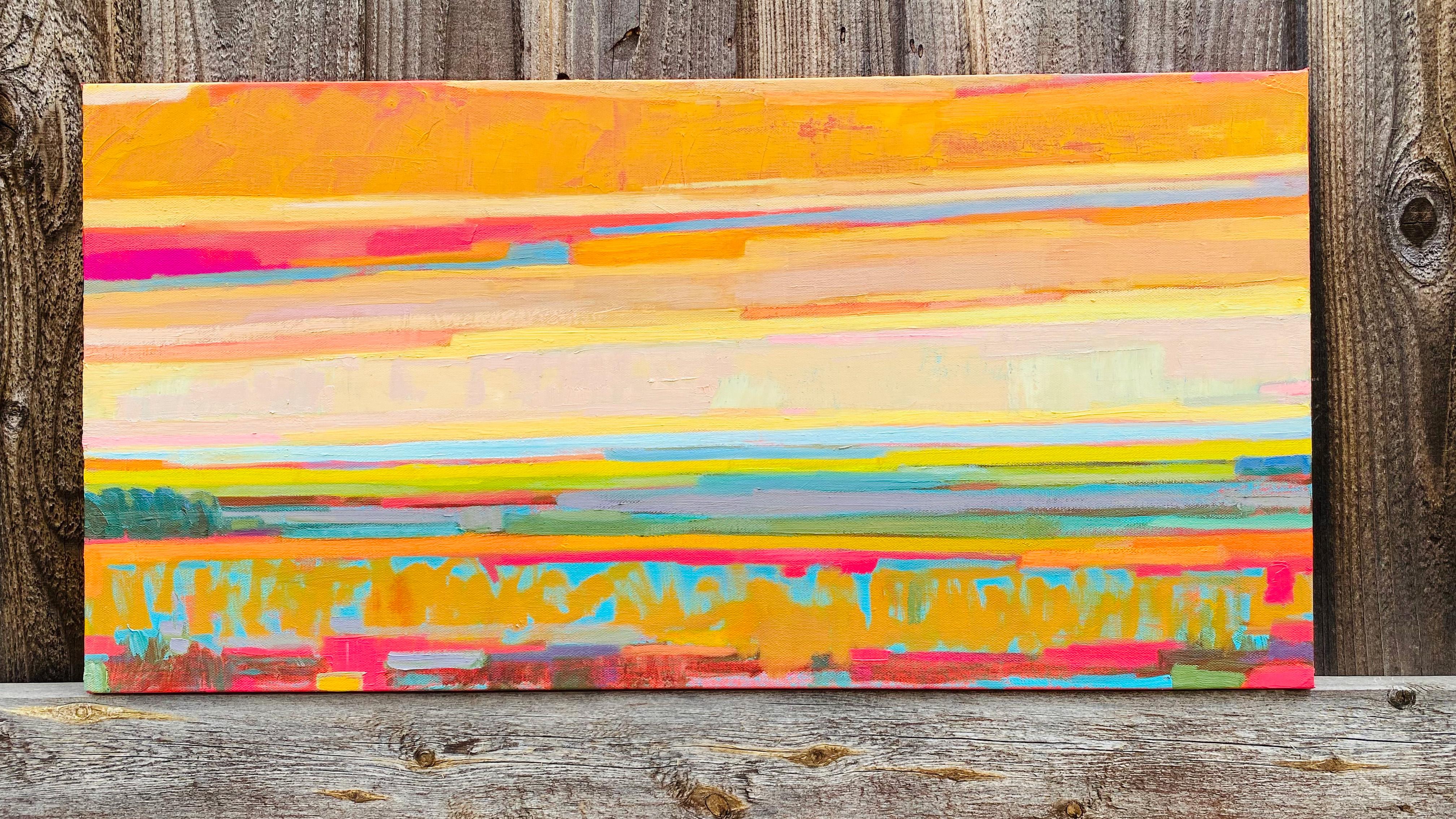 Campi verdi e nuvole rosa -1, pittura a olio astratta - Painting Astratto di Srinivas Kathoju