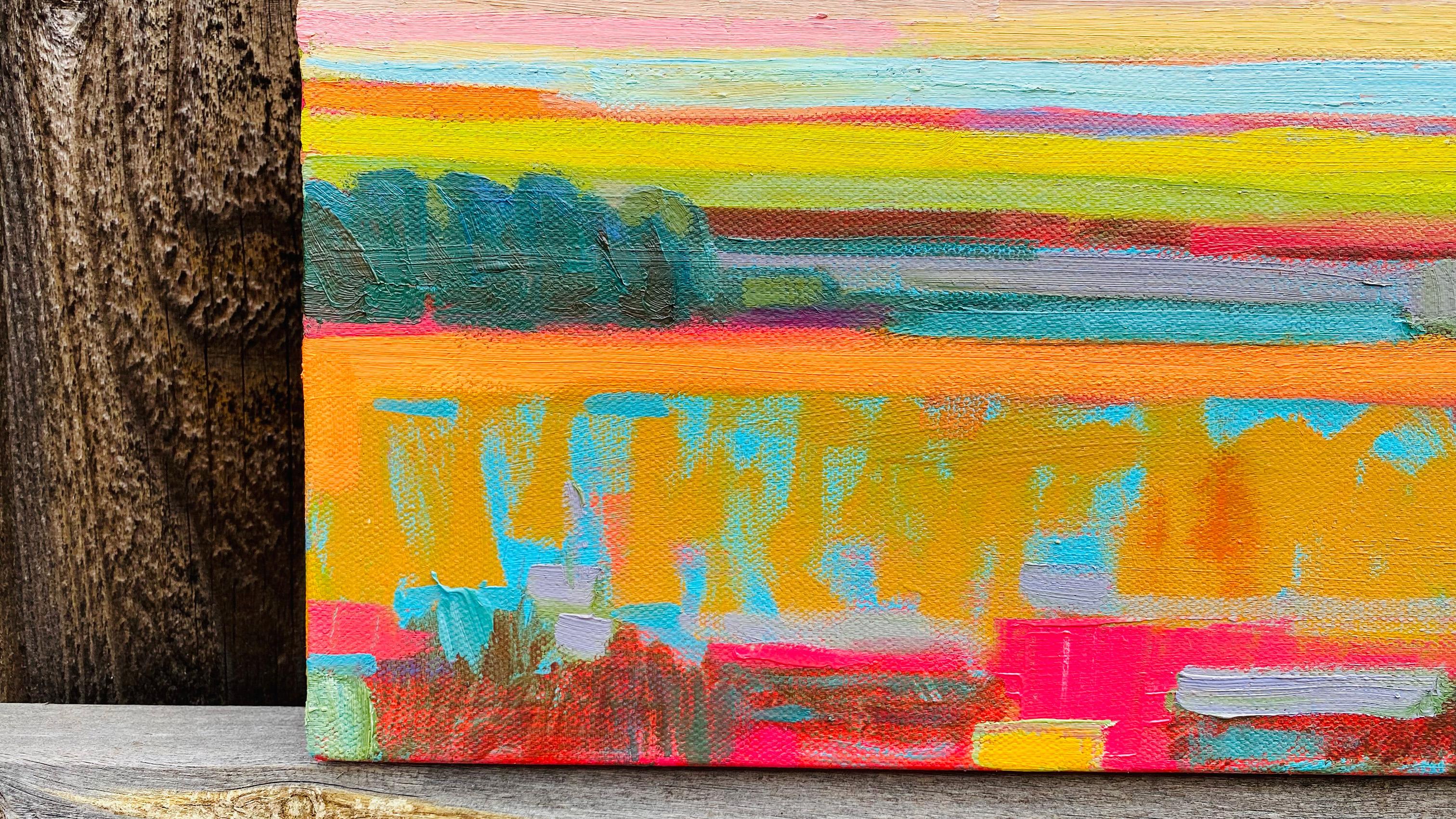Campi verdi e nuvole rosa -1, pittura a olio astratta - Landscape Painting Blu di Srinivas Kathoju