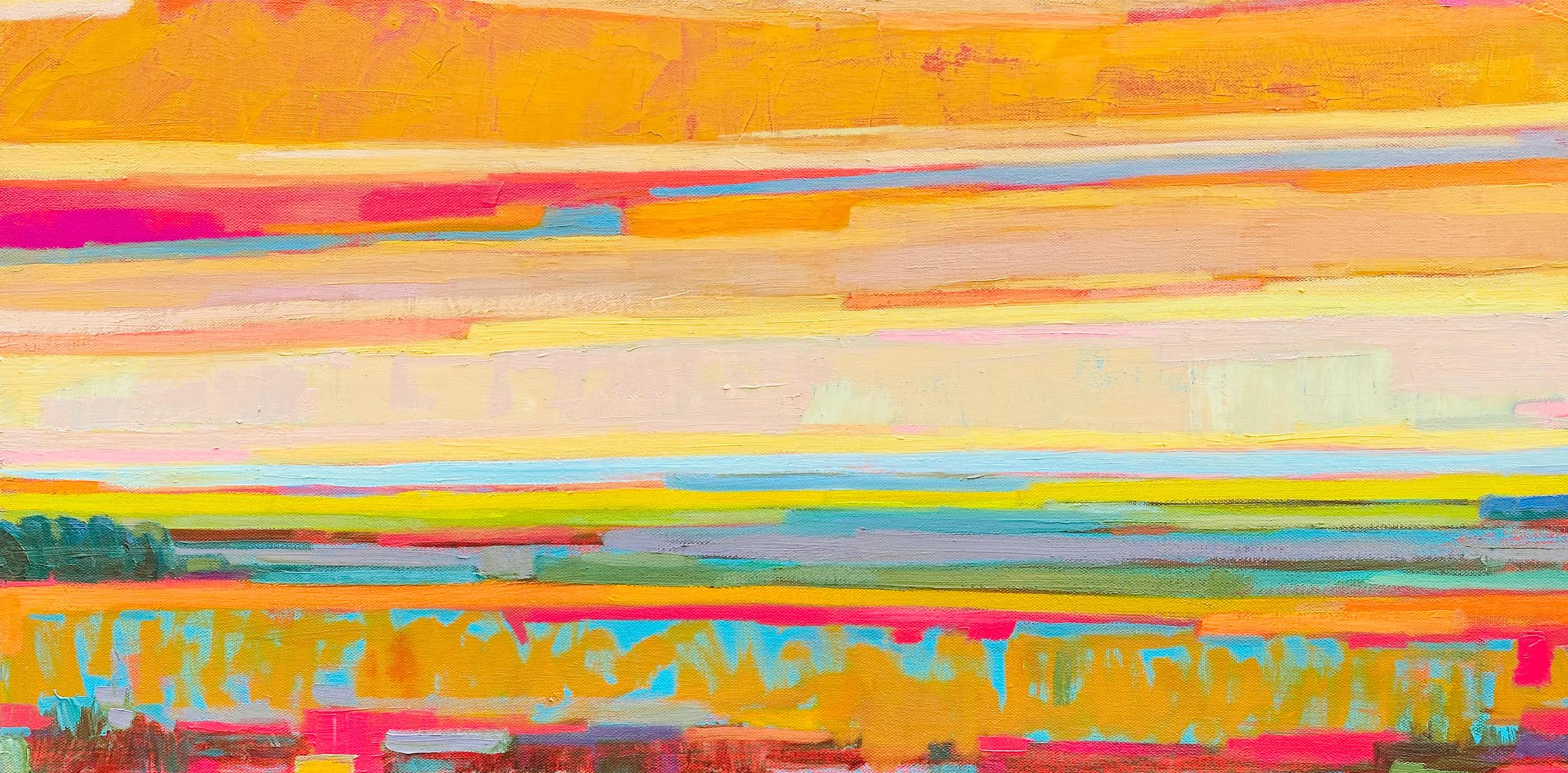 Landscape Painting di Srinivas Kathoju - Campi verdi e nuvole rosa -1, pittura a olio astratta