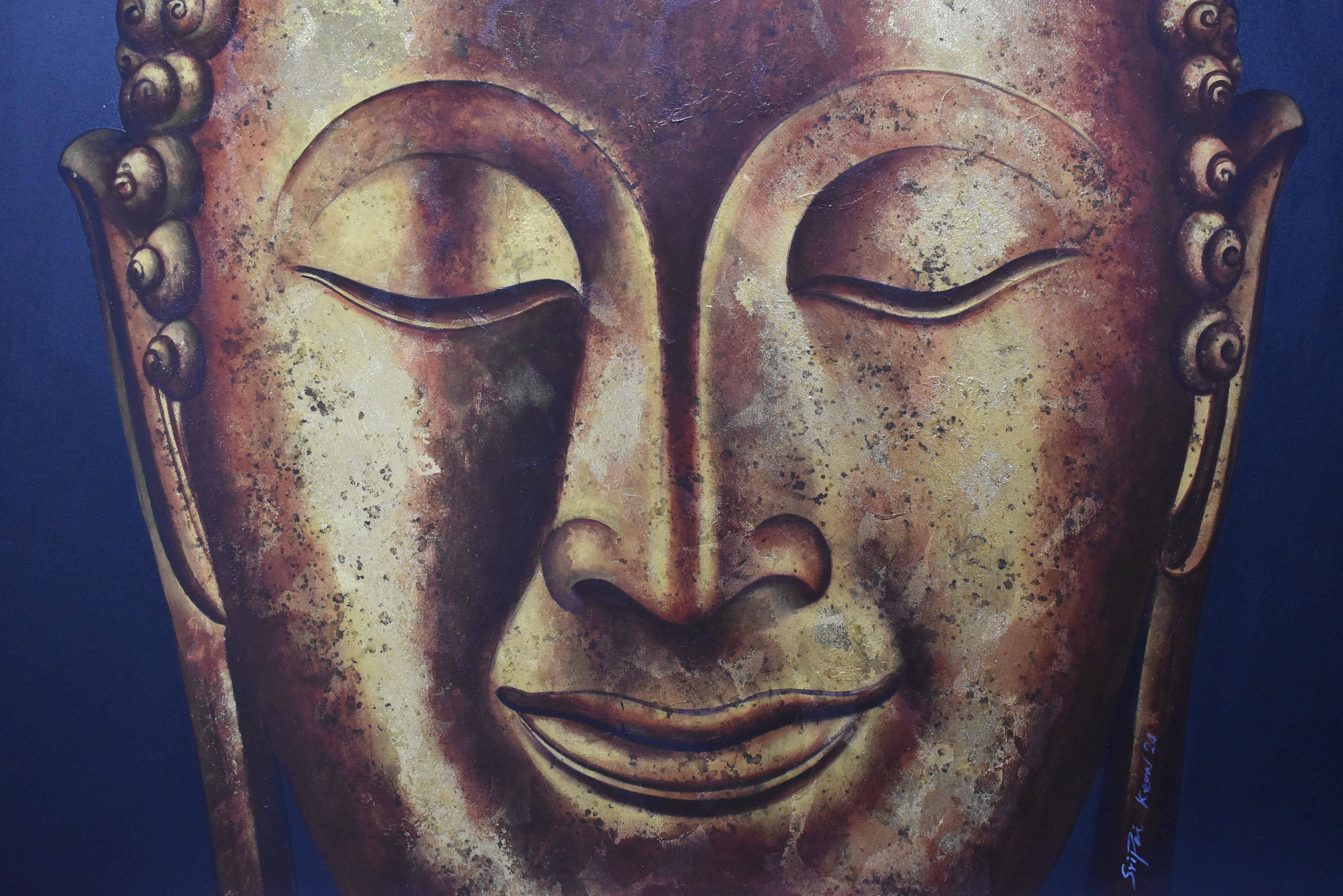 Dieses in leuchtenden Gold- und Bronzetönen gehaltene Acrylgemälde fängt das heitere Antlitz einer buddhistischen Figur in tiefer Kontemplation ein. Die Metalltöne sind symbolisch - Gold steht für Erleuchtung, Reinheit und spirituelles Erwachen,