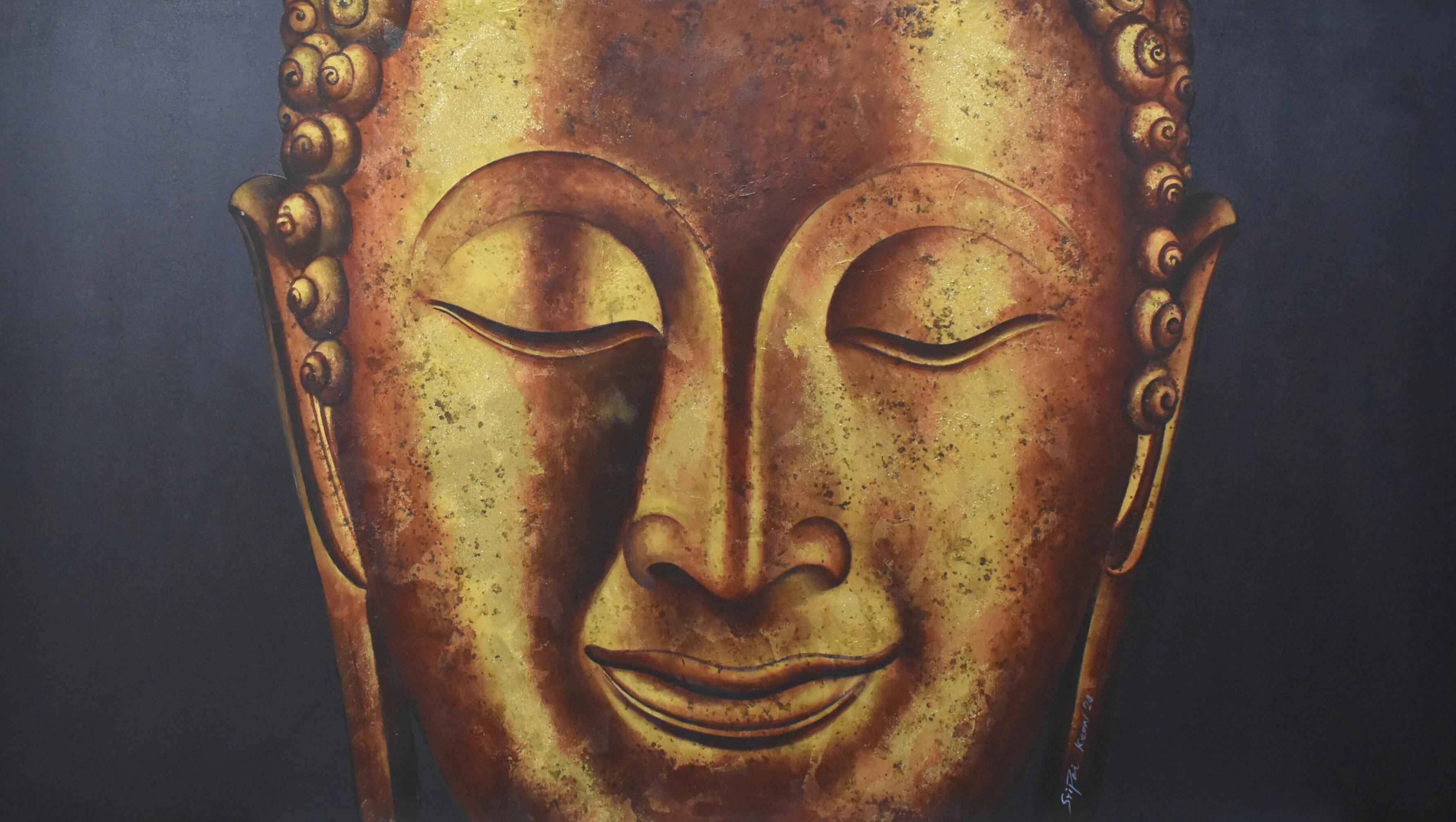 "Golden Dharma", Buddha face in gold & bronze colors, tranquility serenity peace