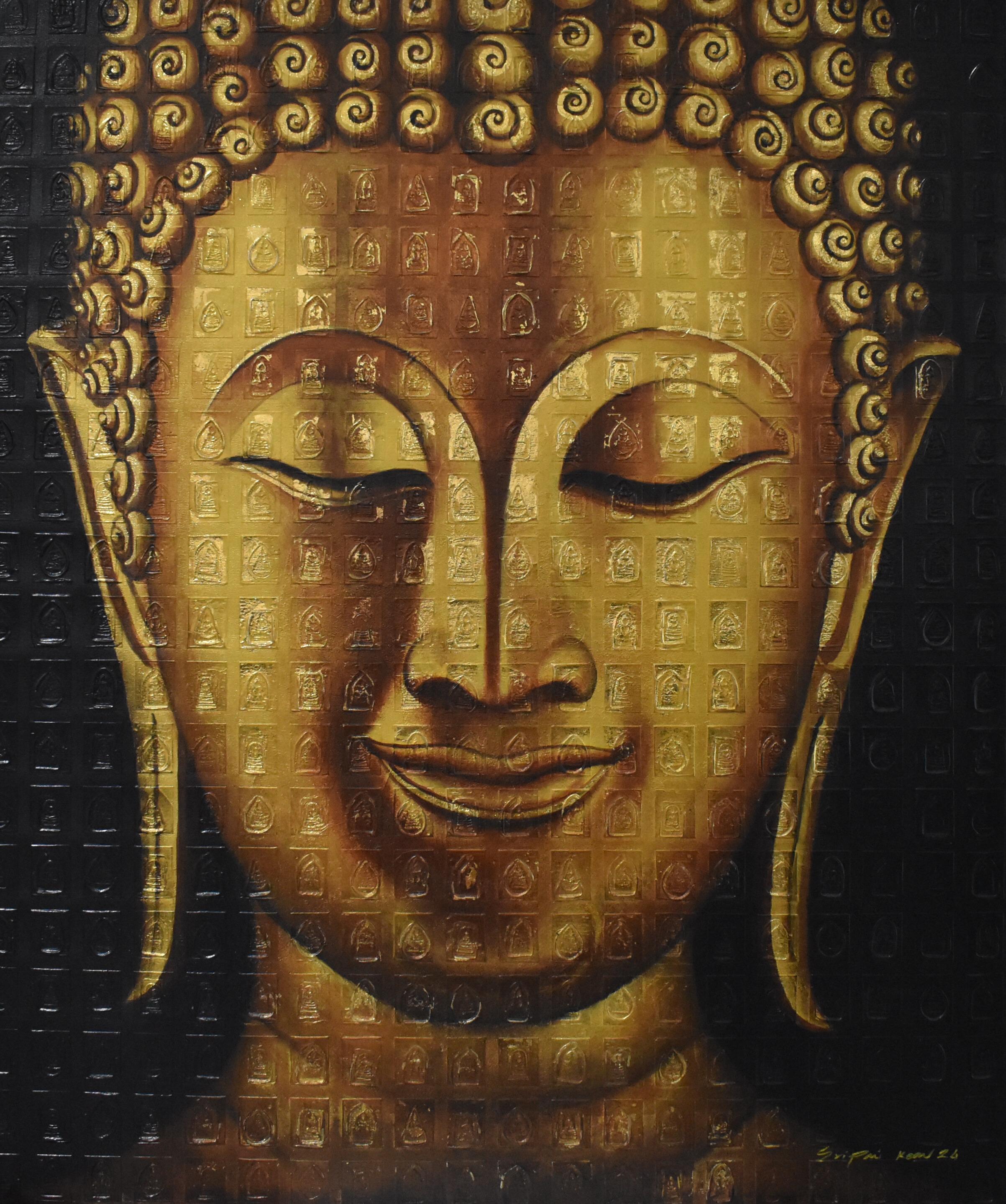Portrait Painting Sriprai - Radiance de la paix intérieure, monture de tranquillité Dharma en or et bronze